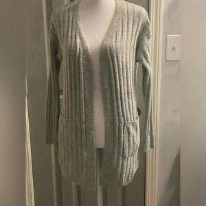 No Boundaries gray open sweater/cardigan ribbed with pockets & lace up back